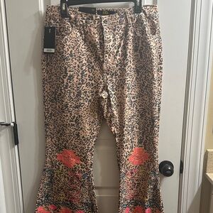 BNWT Lucky & Blessed Leopard Print Flare Jeans with Pink & Blue Embroidery